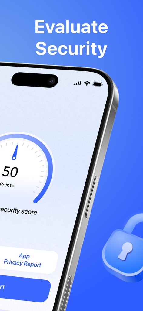 セキュリティスコアゲージとアプリプライバシーレポートボタンを表示するスマートフォンの画面。