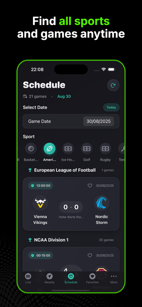 DRM - Live Sports Score & News - Mobile app screen showing a sports schedule with game dates and sport categories in dark mode.