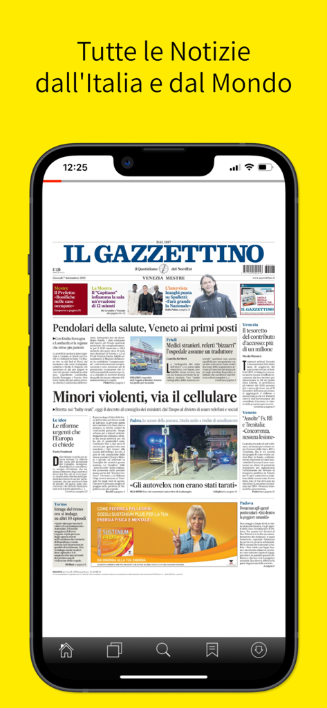 Il Gazzettino - Digital edition of Il Gazzettino newspaper displayed on a smartphone screen showing local and international news.