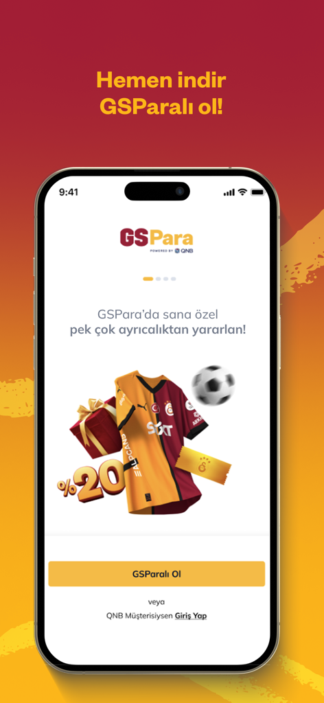 GSPara mobile banking app interface showing Galatasaray fan rewards and login options