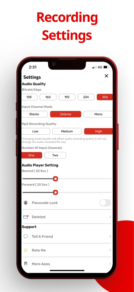 Record Audio & Mp3 Recorder - Audio recording settings menu showing bitrate channel mode and mp3 quality options