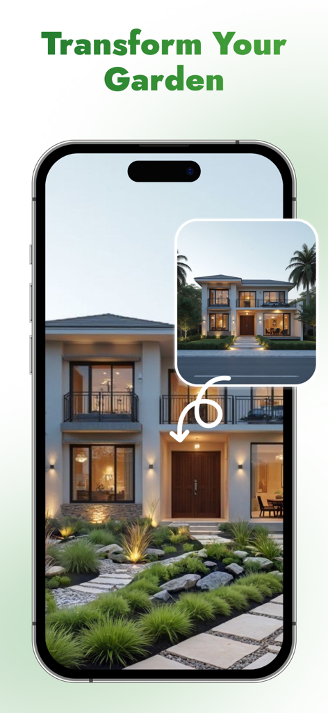 Smartphone-Bildschirm, der einen Garten vor und nach der Transformation mit KI-Design anzeigt