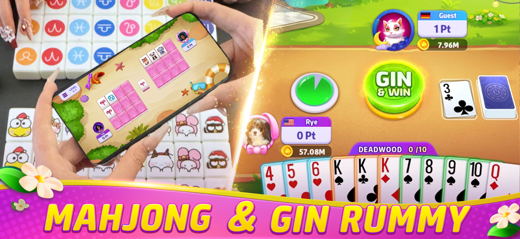 Gin Rummy Frenzy - Card Game - Pantalla dividida que muestra puzzles de fichas de Mahjong y una interfaz de juego de cartas de Gin Rummy
