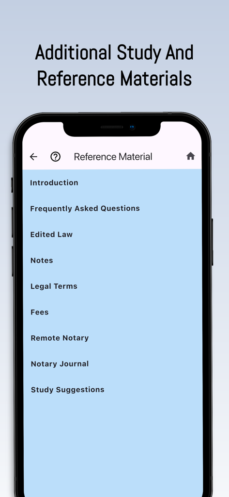NY Notary Public Study App - Reference materials screen in the NY Notary Public Study App showing study notes and legal terms