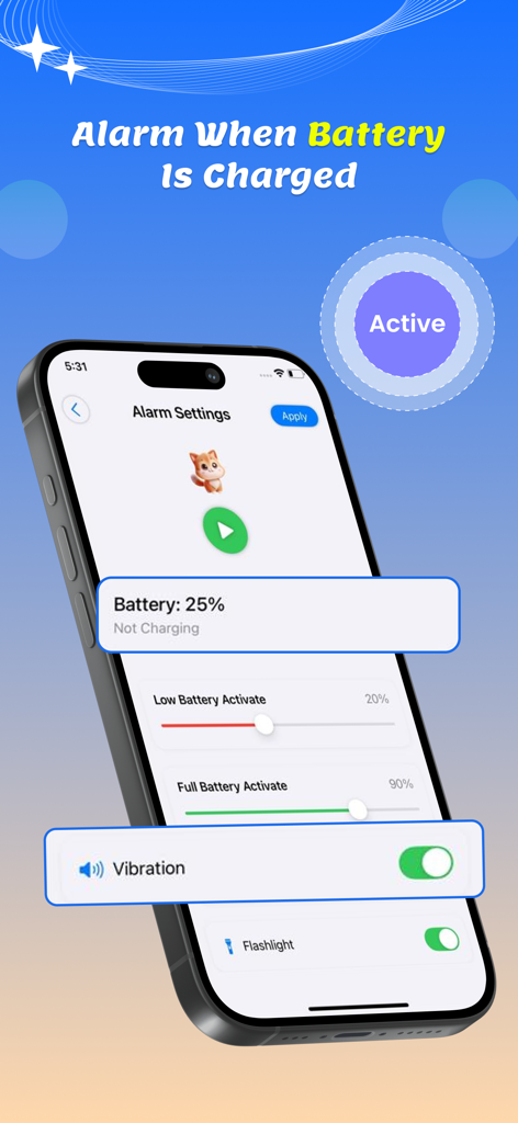 Anti theft : Don't touch phone - Interface of the Anti theft app showing battery charging protection settings with options for low and full battery alerts.