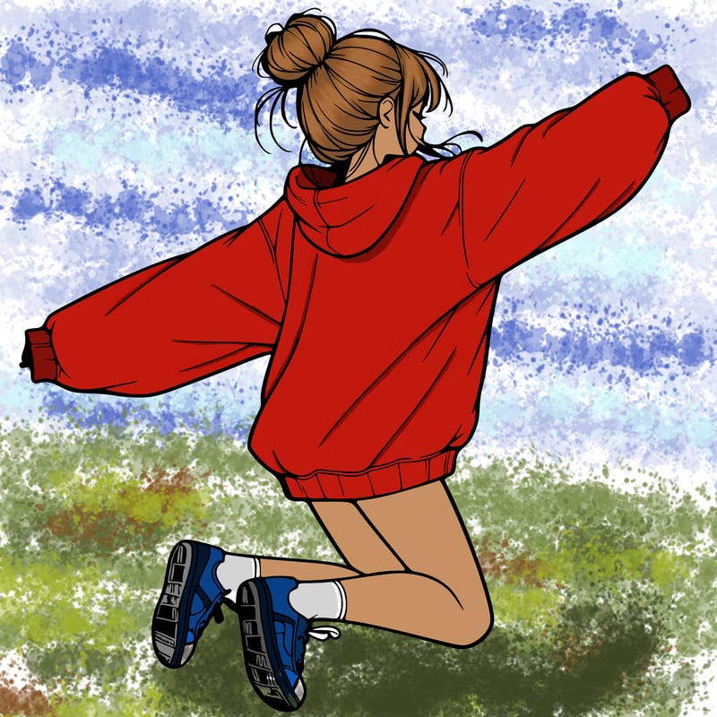 realistic girl jumping with a bun and oversized sweatshirt