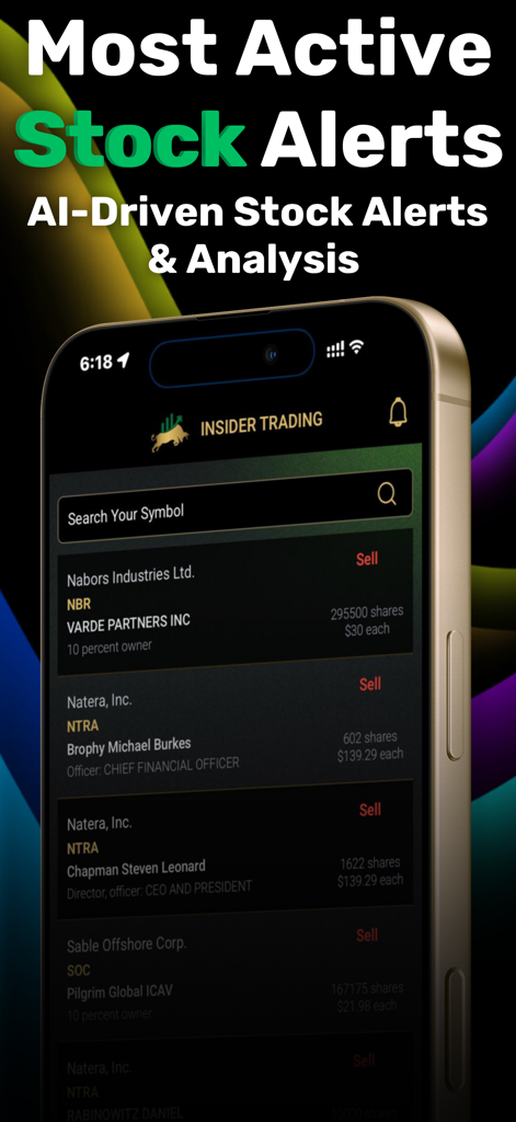 Pro Ticker Signals - Pro Ticker Signals app interface showing AI-driven insider trading alerts with sell signals and stock analysis on a smartphone screen