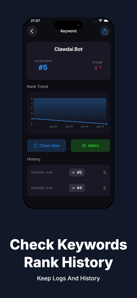 A mobile interface of the SERP SEO app showing keyword rank history trend chart and search position logs.