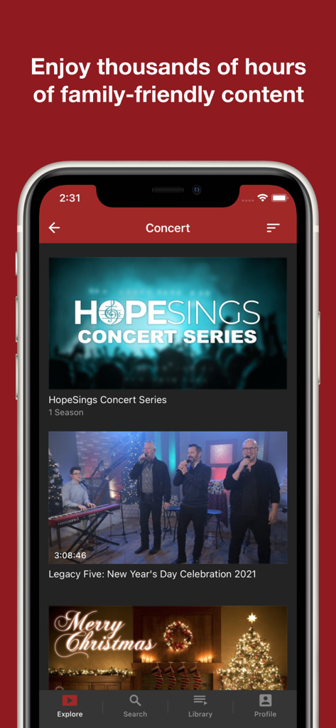 Singing News TV - Singing News TV app interface displaying Southern Gospel music concerts and family friendly content