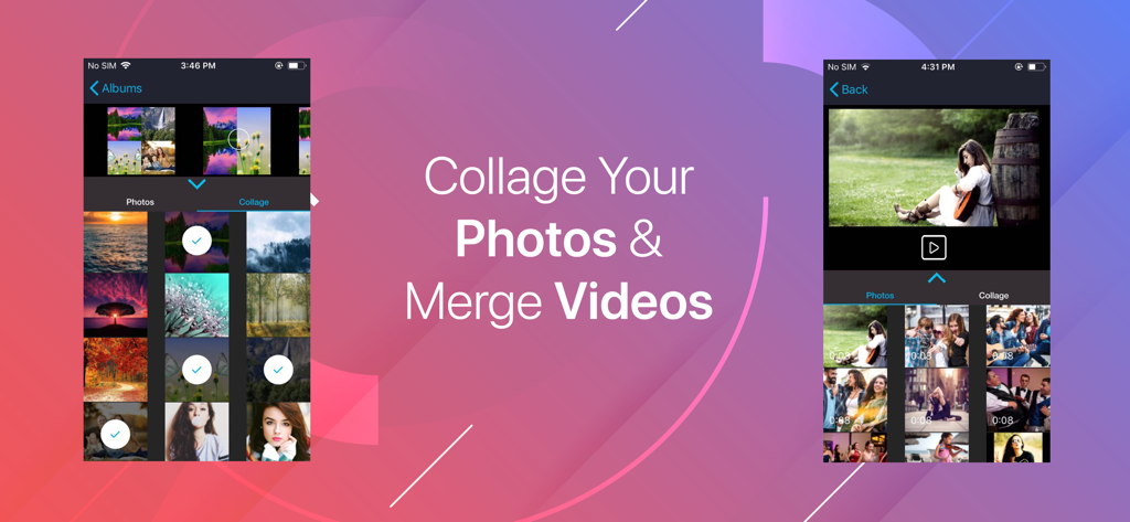Slideshow with Music Maker App - Interface montrant les fonctionnalités de collage de photos et de fusion de vidéos pour l'application Slideshow with Music Maker