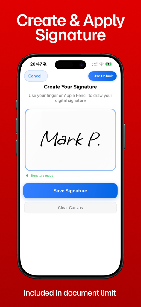 Photo to PDF - Converter Scan - Smartphone interface showing the digital signature creation tool for PDF documents