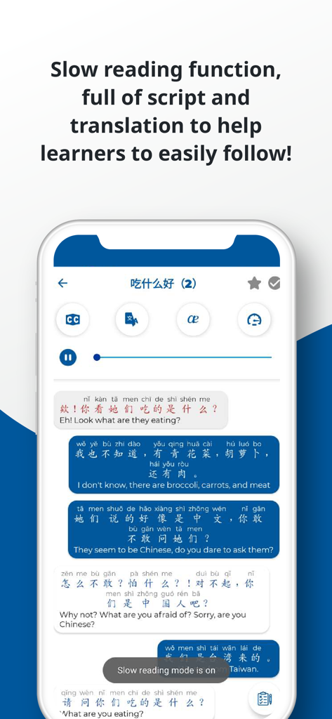 Chinese ー Listening・Speaking - ピンイン翻訳とスローリーディングモードを備えた中国語の会話を表示するアプリインターフェイス。