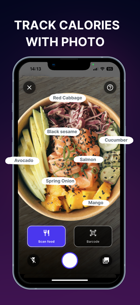 Hero - Coach AI - Hero Coach AI mobile app interface showing a poke bowl being scanned with AI labels identifying ingredients like avocado, salmon, and cucumber for calorie tracking