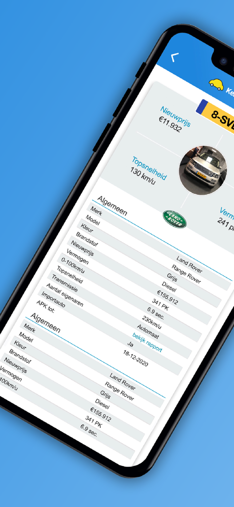 KentekenCheck.nl - Specifiche dettagliate del veicolo per una Land Rover sull'app mobile KentekenCheck