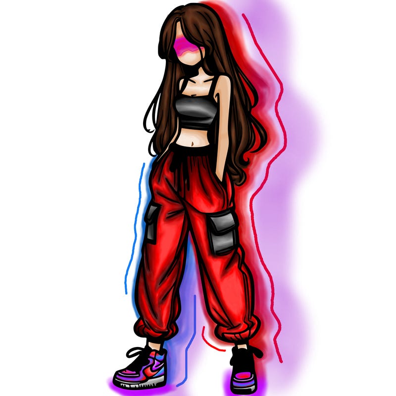 girl in baggy pants crop top and long hair