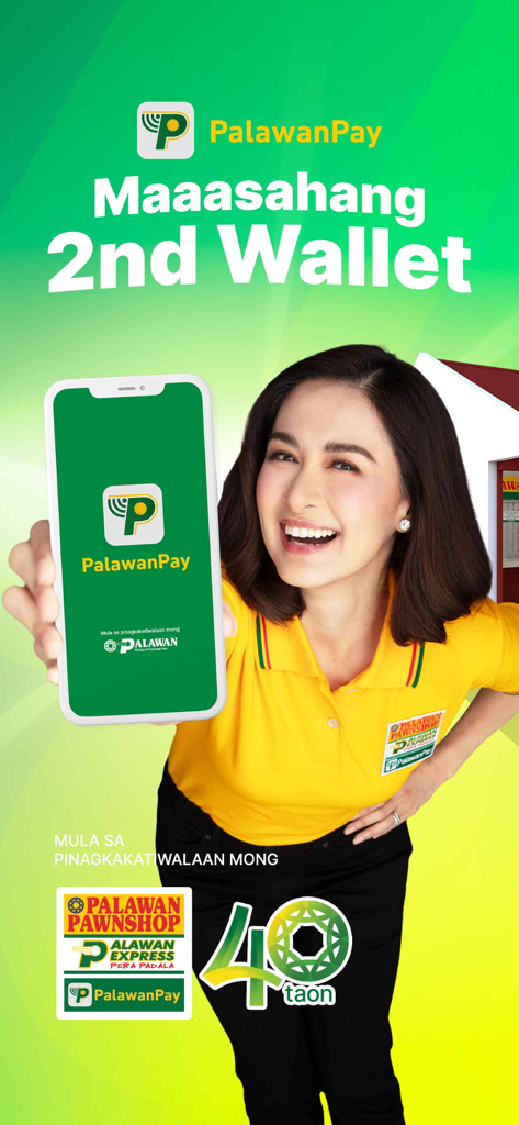 PalawanPay - Mulher sorrindo segurando um smartphone exibindo o aplicativo de carteira digital PalawanPay.