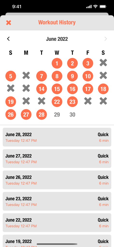 Streaks Workout - Monthly calendar view of the Streaks Workout app showing a history of daily exercise sessions