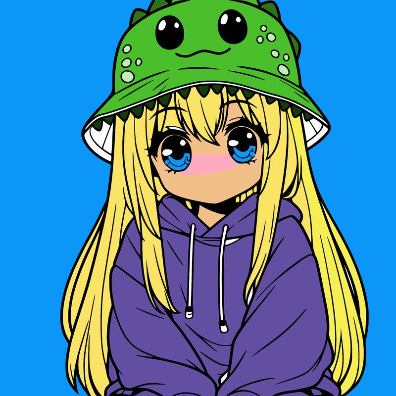 girl with anime shaped eyes with a dinosaur bucket hat oversized sweatshirt long straight hair