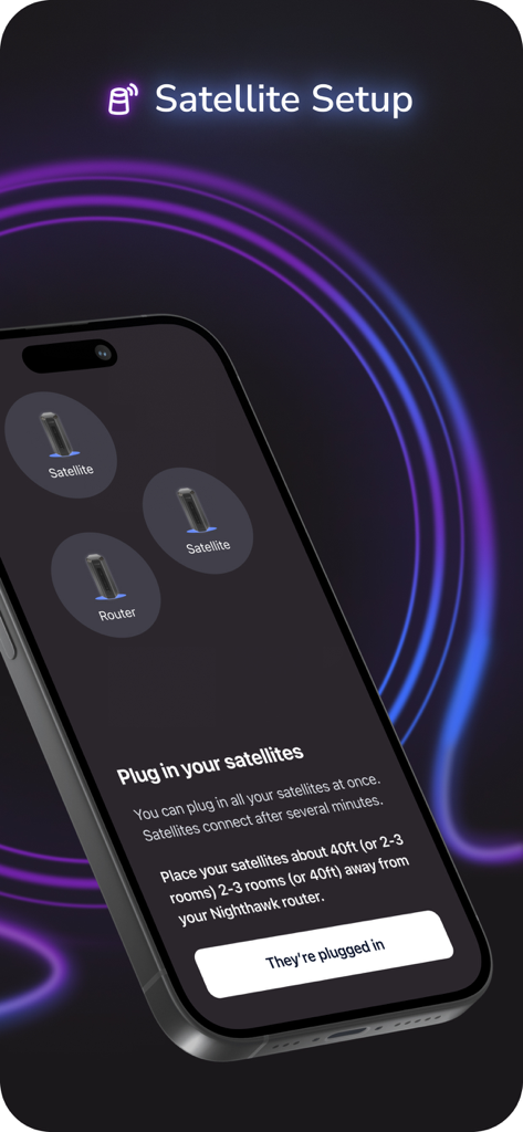 NETGEAR Nighthawk - WiFi App - Nighthawkメッシュサテライトのセットアップ手順を段階的に表示しているモバイル画面