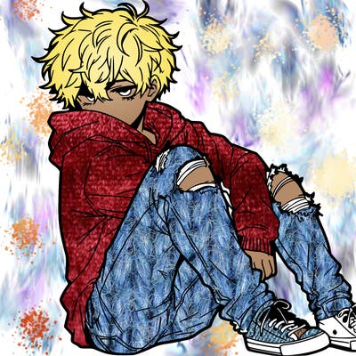a male hoddie ripped jeans messy hair anime