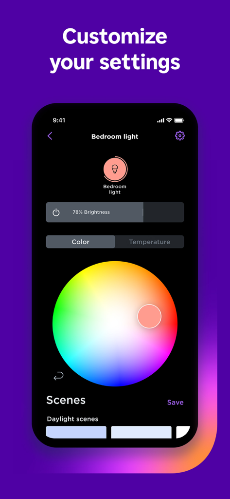 Pantalla de personalización de luces de dormitorio de la aplicación Roku Smart Home con rueda de colores.