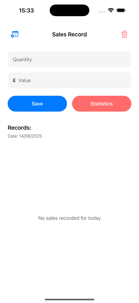 Sales Record app main interface with quantity and value input fields for daily transaction tracking