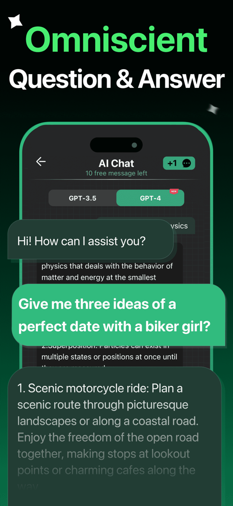 AI Chatbot - Ask AI Anything - AI Chatbot app interface showing a conversation about date ideas using GPT-4 model.