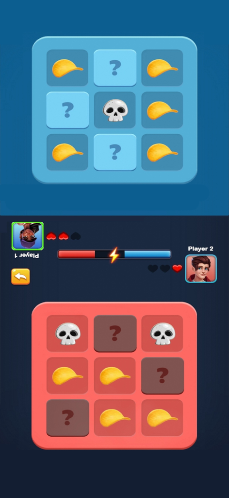 Chip Blast Challenge: 2 Player - Two player split screen gameplay interface of Chip Blast Challenge featuring grids with chips and skulls