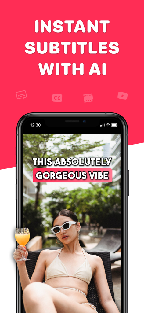 Un smartphone mostrando un vídeo con subtítulos generados por IA instantáneos y subtítulos estilizados para redes sociales