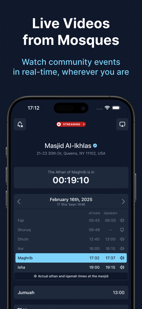 Masjidbox One - Masjidbox One interface showing prayer and iqamah times for Masjid Al-Ikhlas with a live stream button.