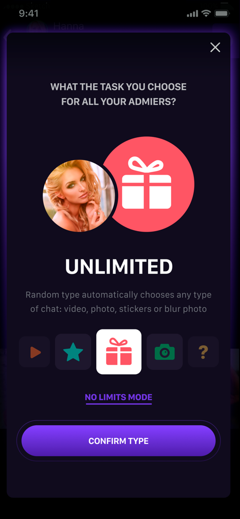App interface for selecting chat interaction rules and unlimited tasks for admirers
