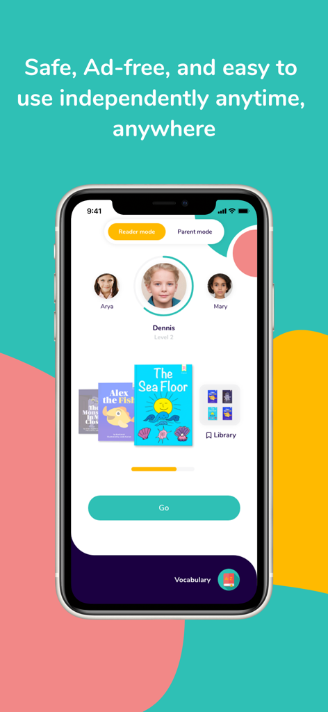 Readability app interface showing child user profiles and a library of illustrated reading books.