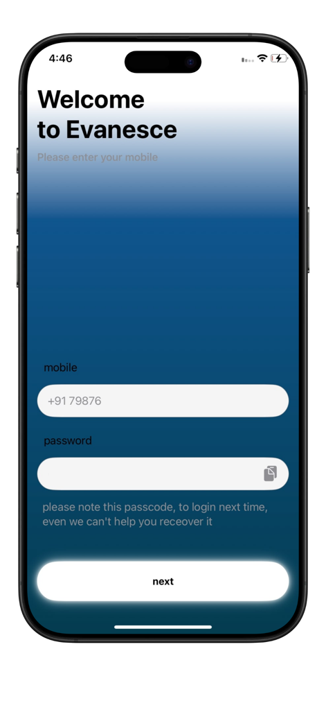 Pantalla de bienvenida de la aplicación Evanesce Chat con entrada de número de móvil y código de acceso