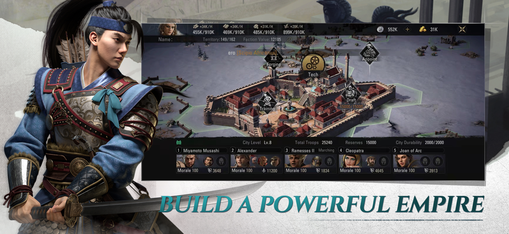 Epic Age gameplay screenshot showing city management and the text Build a Powerful Empire