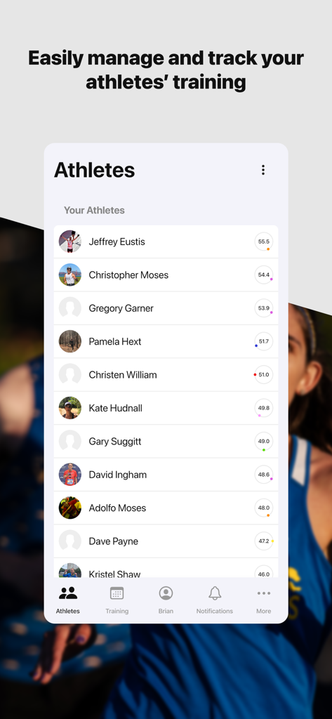 V.O2: Running Coach - VO2 running coach app athlete list and performance tracking dashboard