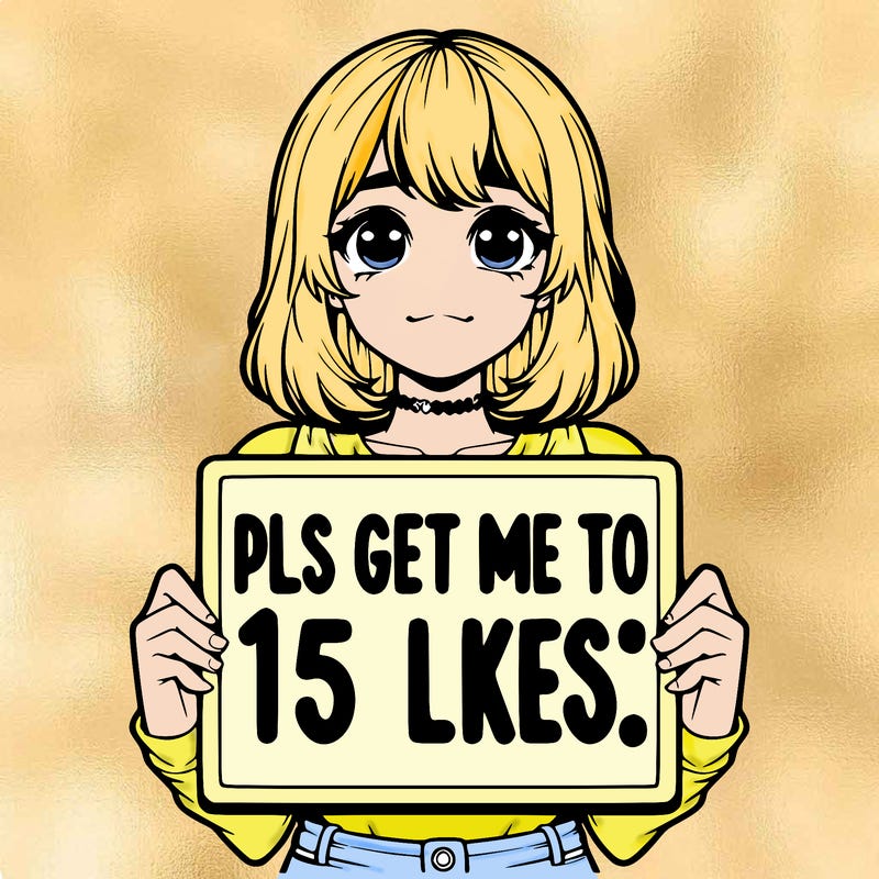 realistic girl holding up a sign that says “pls get me to 15 likes!”