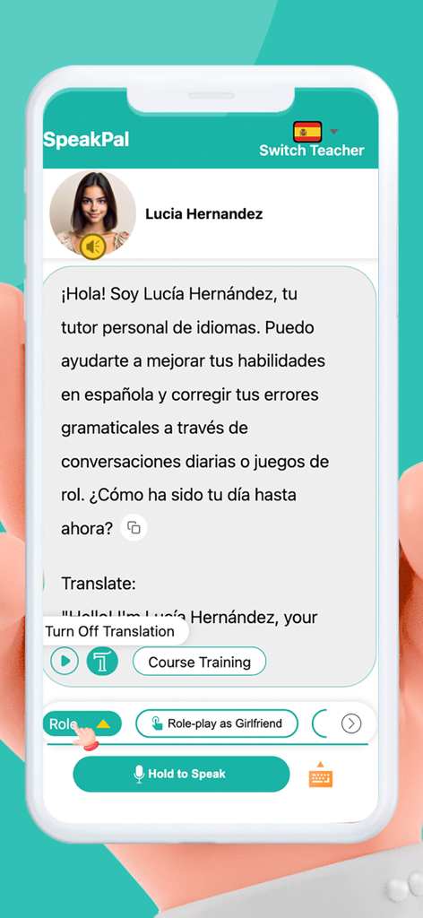 SpeakPal - SpeakPal App-Oberfläche mit einem spanischen Gespräch mit einer KI-Tutorin namens Lucia Hernandez, einschließlich Rollenspiel-Optionen.