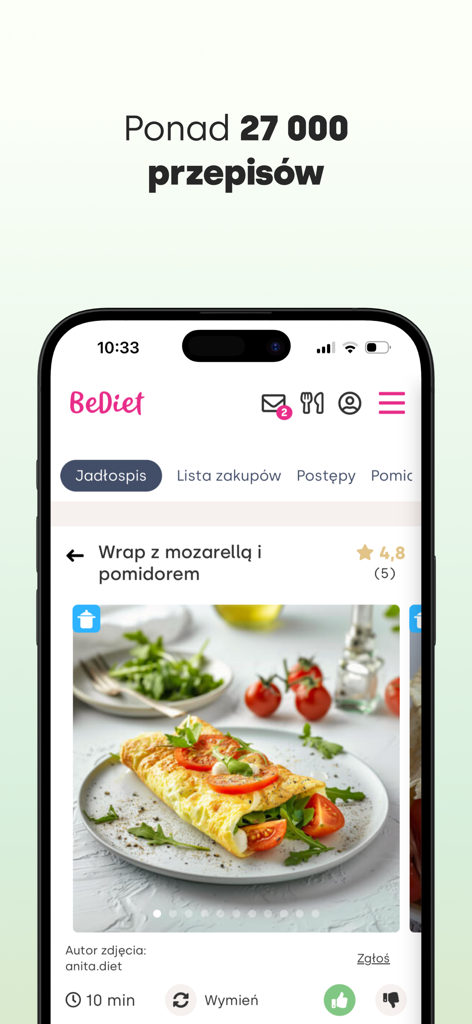 BeDiet Dieta Ewy Chodakowskiej - BeDiet app interface showing a healthy mozzarella wrap recipe and over 27000 meal options
