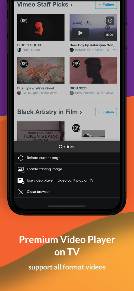 All Screen Mirror Miracast TV - iPhone app screen showing web video browser and casting options for smart TV