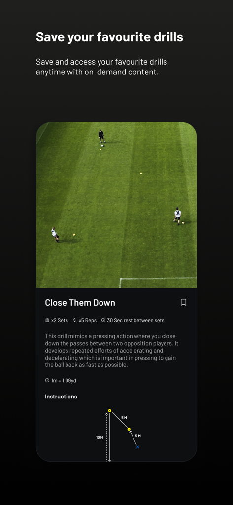 Screenshot of the STATSports app interface showing a soccer training drill called Close Them Down with video and instructions.
