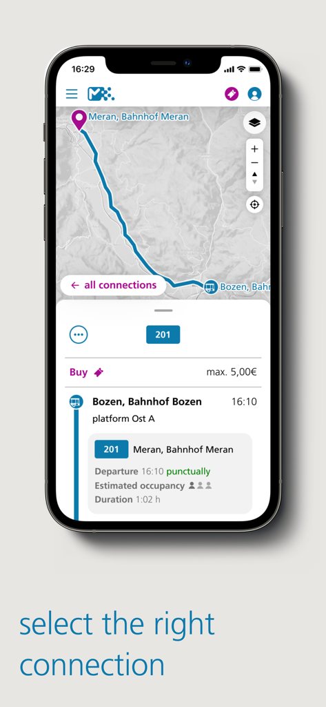 südtirolmobil - Oberfläche der südtirolmobil App, die eine Busverbindung mit Karte und Live-Reiseupdates anzeigt