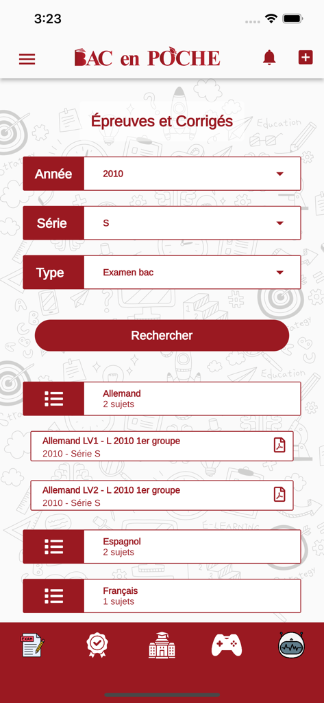 Bac en Poche Senegal - Interface de recherche des annales du Baccalauréat sénégalais et des corrigés par année, série et matière.