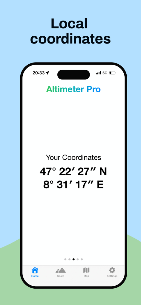 Altimeter Pro USA - Altimeter Pro USA app interface displaying local GPS latitude and longitude coordinates.
