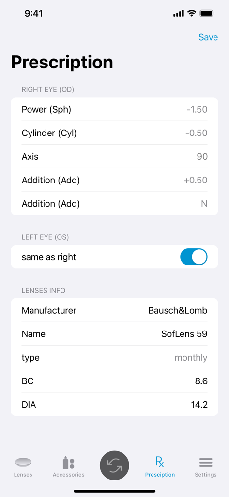 Mobile Benutzeroberfläche zur Anzeige von Kontaktlinsenrezept-Details einschließlich Dioptrien, Zylinder- und Achsenwerten für das rechte und linke Auge