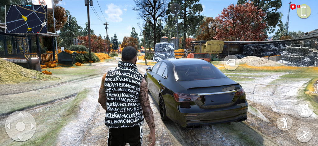 A character standing next to a black luxury car in an open world environment