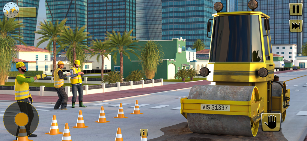 Construction City Simulator 3D - 3Dシミュレーションゲームの都市の通りにいる黄色のロードローラーと建設作業員