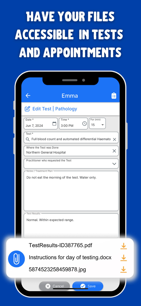 KeepTrackMed - Health Record - Interface of the KeepTrackMed app showing pathology test details with attached medical documents and PDF files.