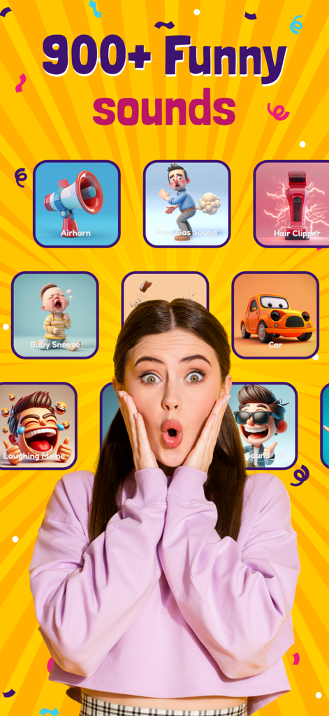 A colorful app screen for Funny Sound Airhorn Prank showing a variety of sound categories like airhorn and hair clipper