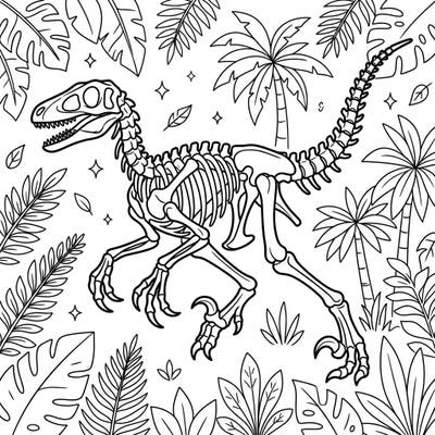 Journey back to the time of dinosaurs with this exciting Velociraptor fossil coloring page designed especially for kids. Discover the intricate bones of this mighty prehistoric creature amidst a lively jungle backdrop, ready for your creative touch.