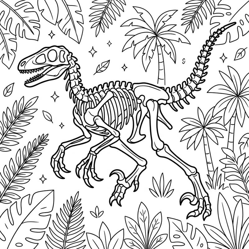 Journey back to the time of dinosaurs with this exciting Velociraptor fossil coloring page designed especially for kids. Discover the intricate bones of this mighty prehistoric creature amidst a lively jungle backdrop, ready for your creative touch.